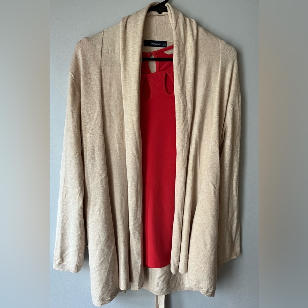 Zara knit Womens small Open Front Cardigan Sweater oatmeal Colored Long Sleeve - Picture 3 of 7